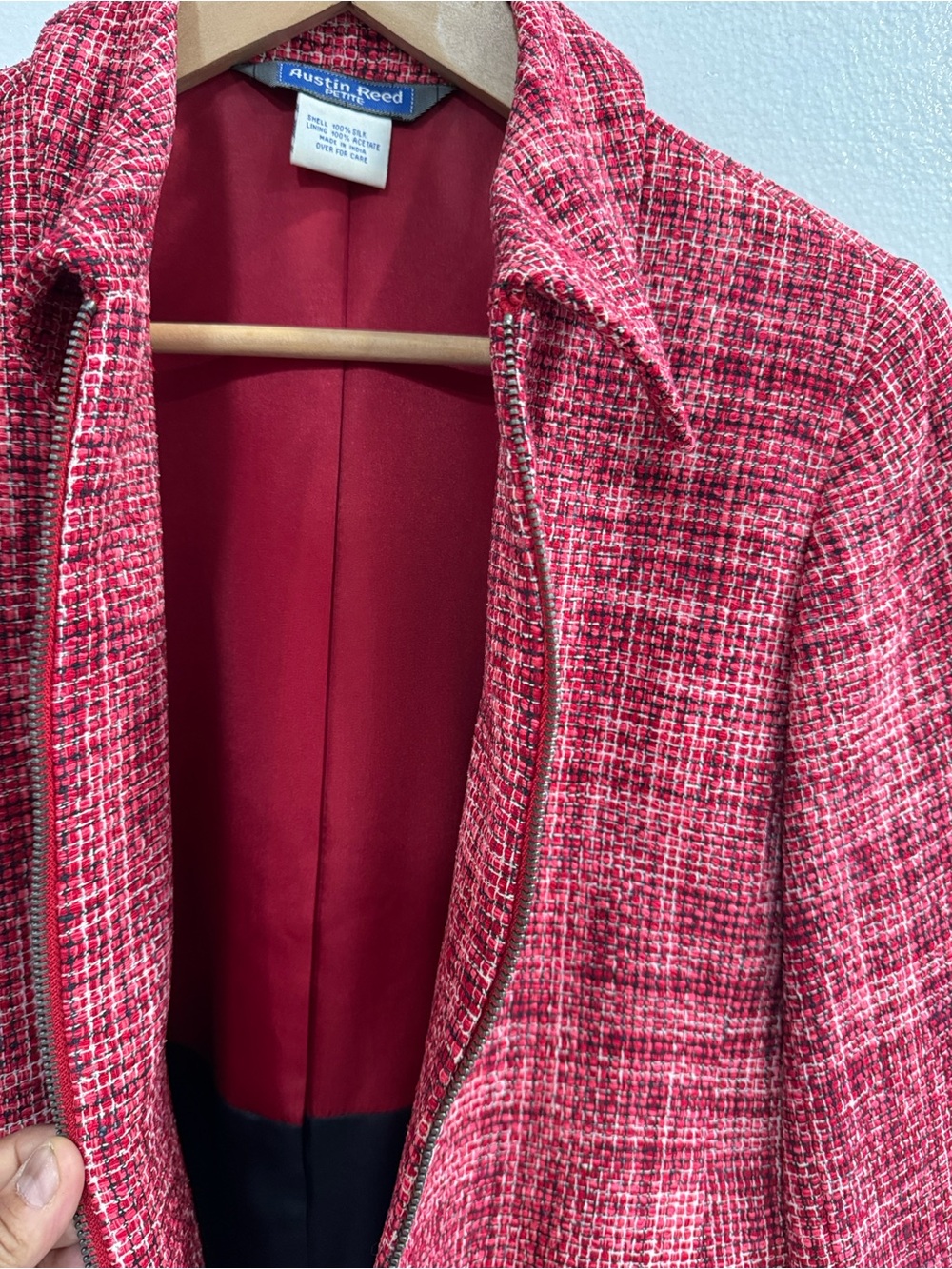 Austin Reed Petite 100% Silk Tweed Zip Jacket Red Pink Textured Blazer 10P - Picture 7 of 14